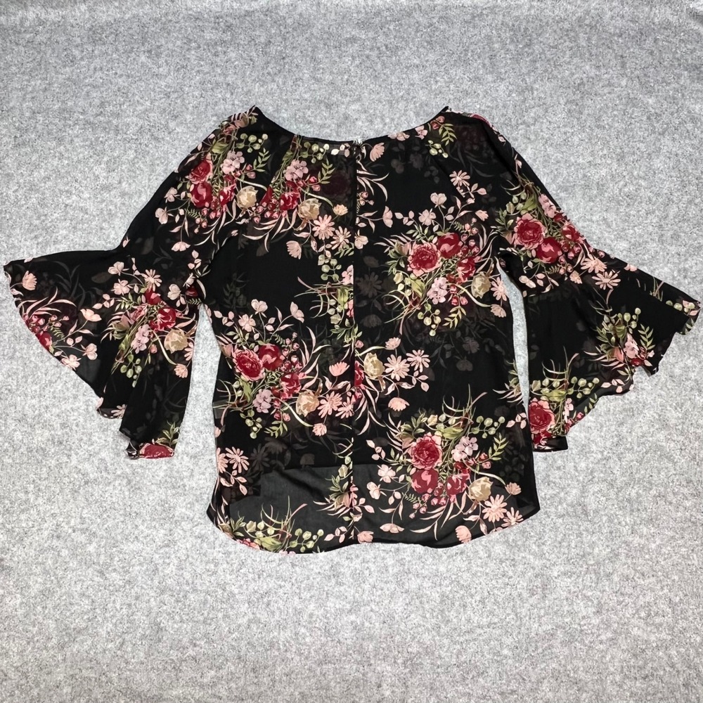 New York & Company Womens Large Black Floral Sheer Chiffon Bell Sleeve Blouse - Picture 3 of 6